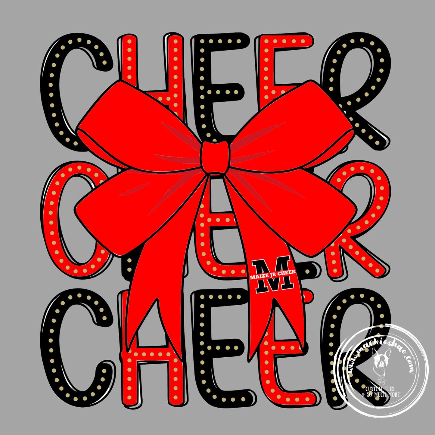 MJC- Cheer Cheer Cheer with Maize Jr Cheer M Logo Bow Grey Gear