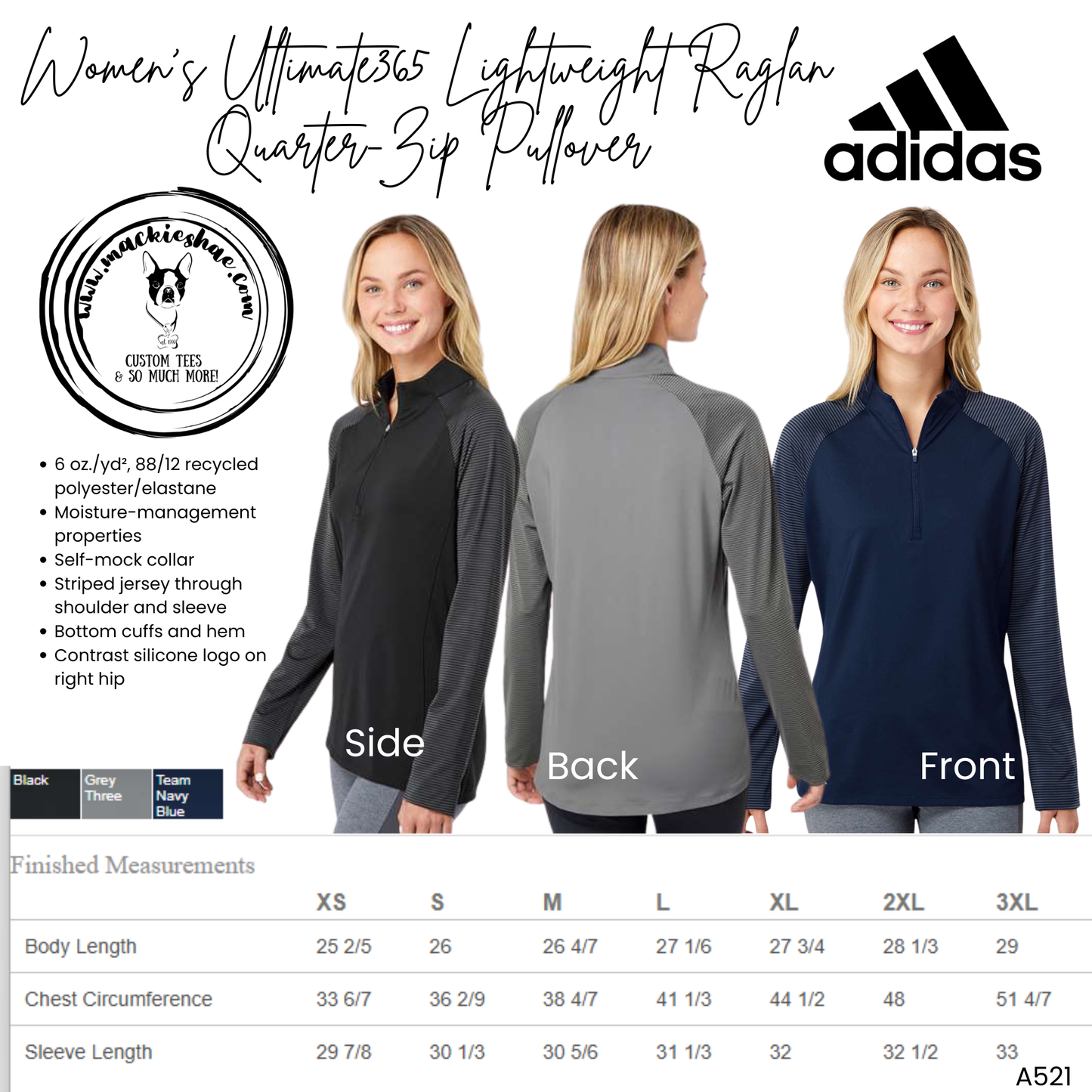 Mavs- Maverick ADIDAS Women's Black Stripe Block 1/4 Zip Pullover
