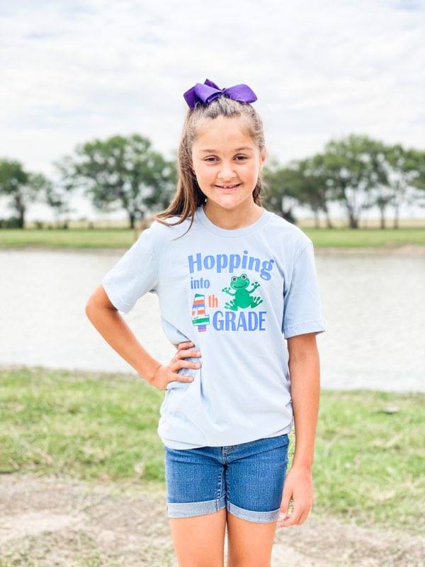 Hopping into 4th Grade (Get any Grade) Custom Shirt for Kids and Adults, Soft Short Sleeve
