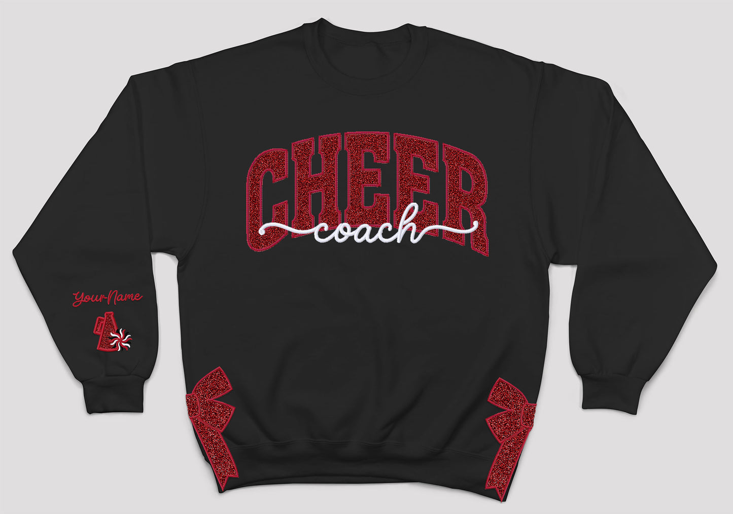 MJC-Cheer Personalized RED Glitter Applique and Embroidered Crewneck Sweatshirt