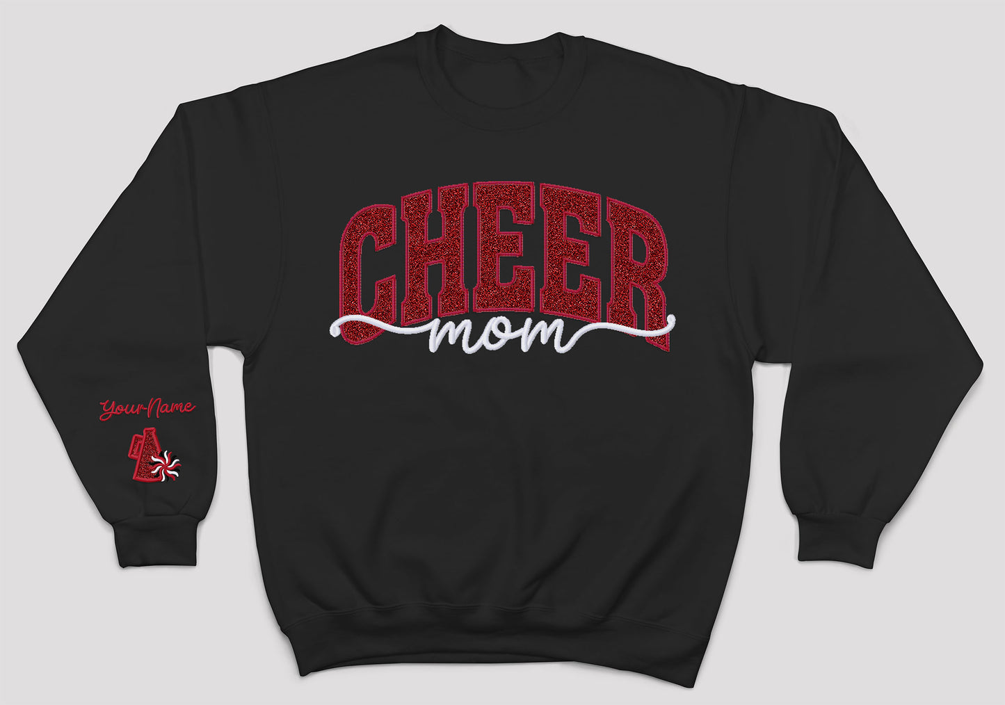 MJC-Cheer Personalized RED Glitter Applique and Embroidered Crewneck Sweatshirt