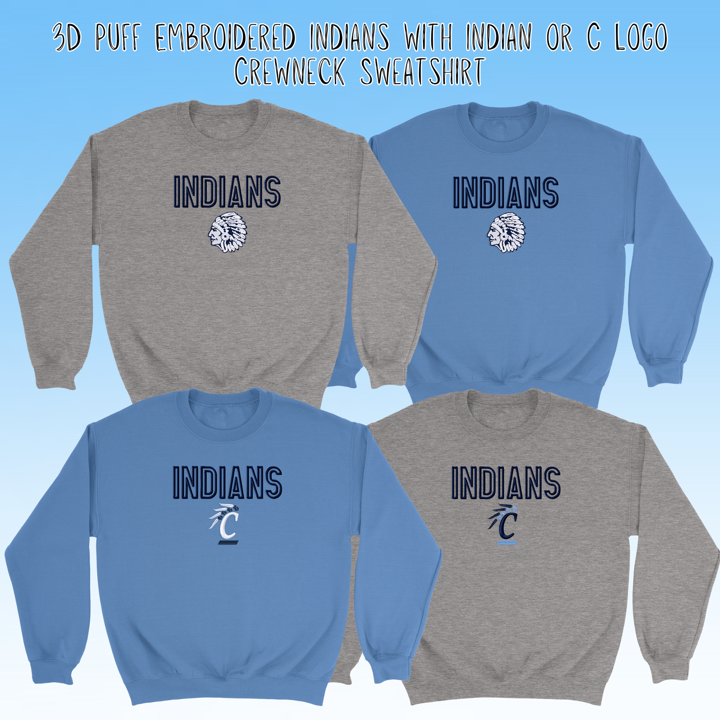 Clearwater- Indians with Logo 3D Puff Embroidery Crewneck Sweatshirt