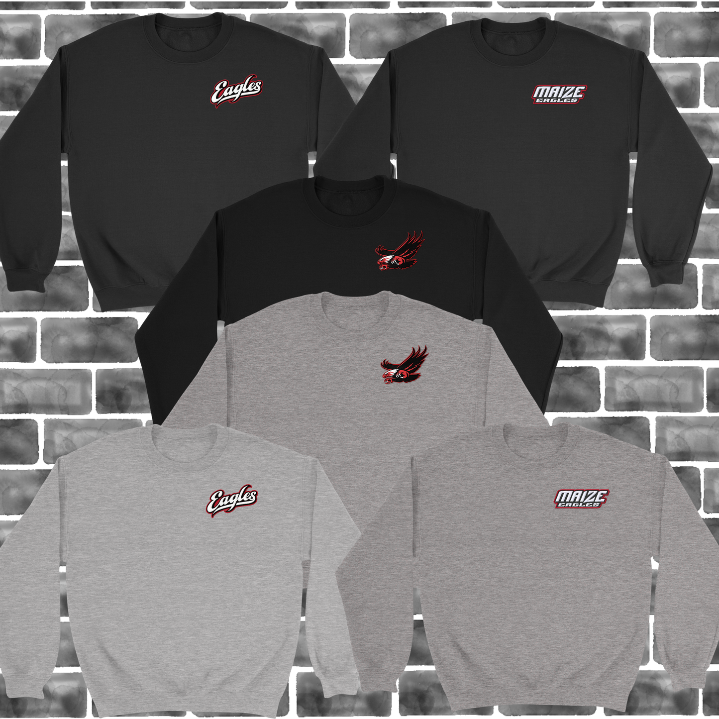 MIS- Flying Eagle, Eagles Script, Maize Eagles Logo Embroidered Crewneck Sweatshirt