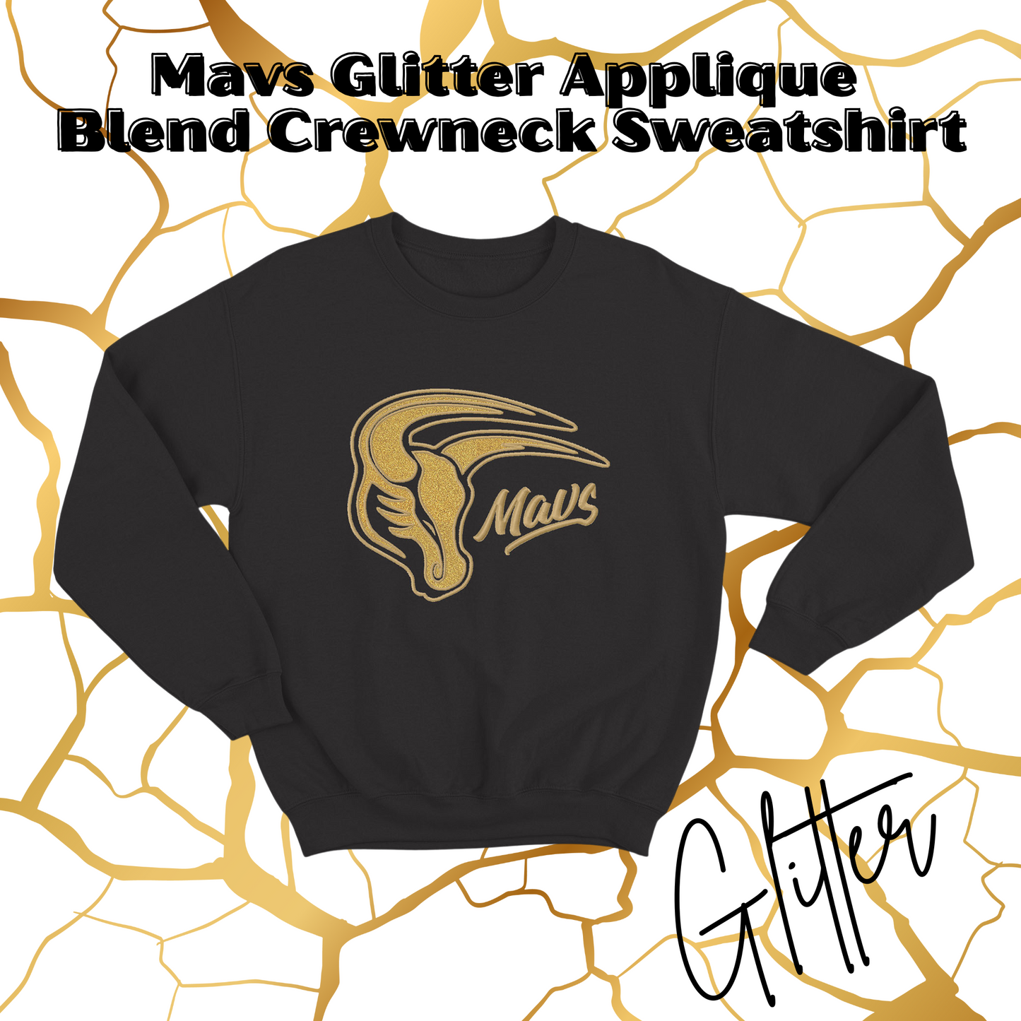Mavs- Mavs Glitter Applique Embroidered Black Blend Crewneck Sweatshirt
