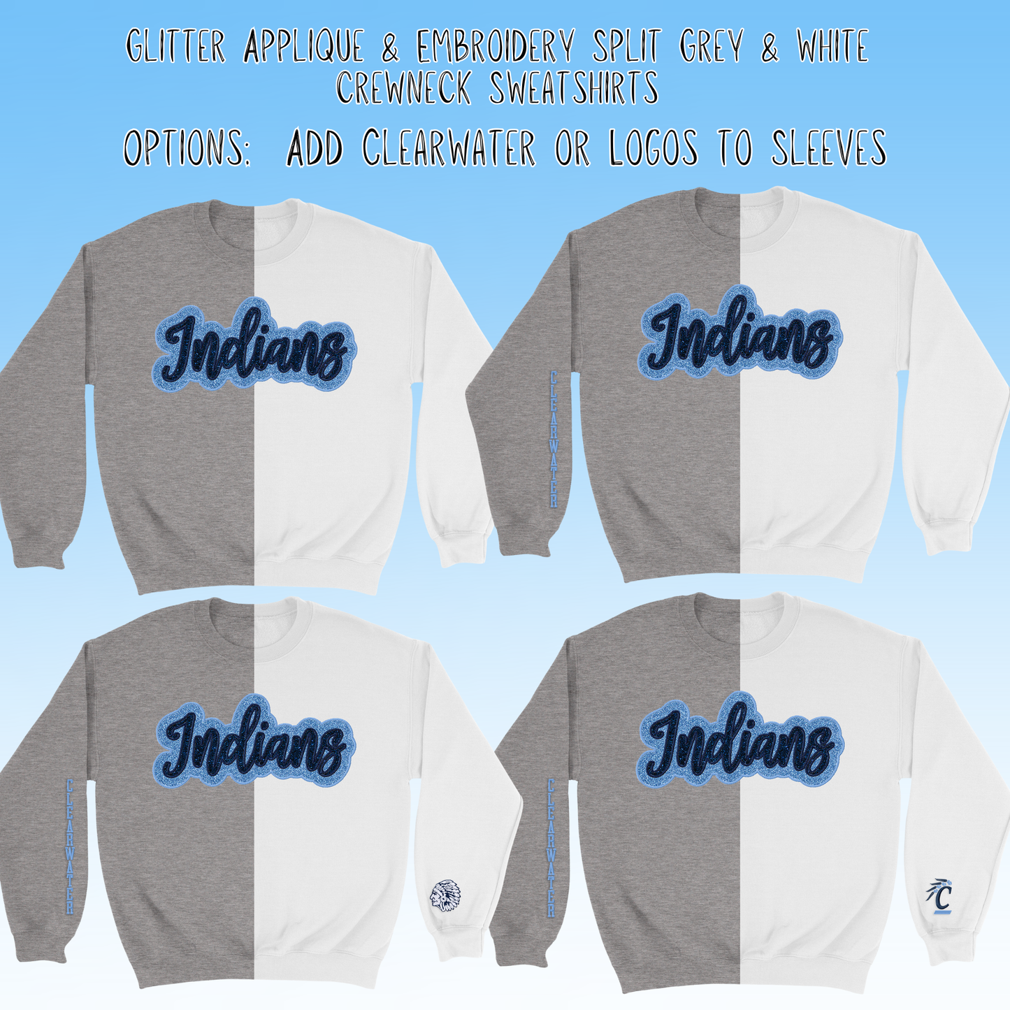 Clearwater- Indians Glitter Applique and Embroidered Split Two Toned Grey & White Crewneck Sweatshirt, Sleeve Options