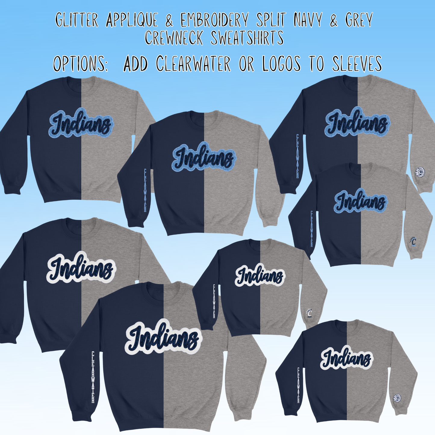 Clearwater- Indians Glitter Applique and Embroidered Split Two Toned Grey & Navy Crewneck Sweatshirt, Sleeve Options