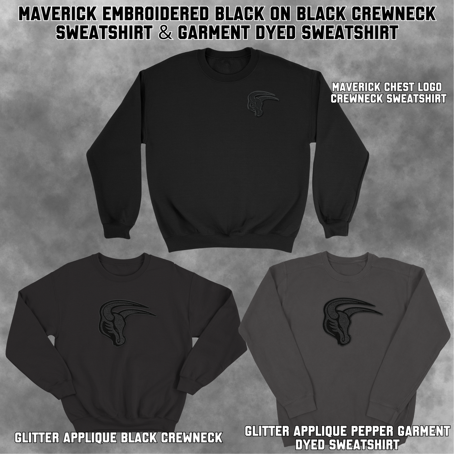Mavs- Maverick Black on Black Embroidered Blend Crewneck and Garment Dyed Sweatshirt