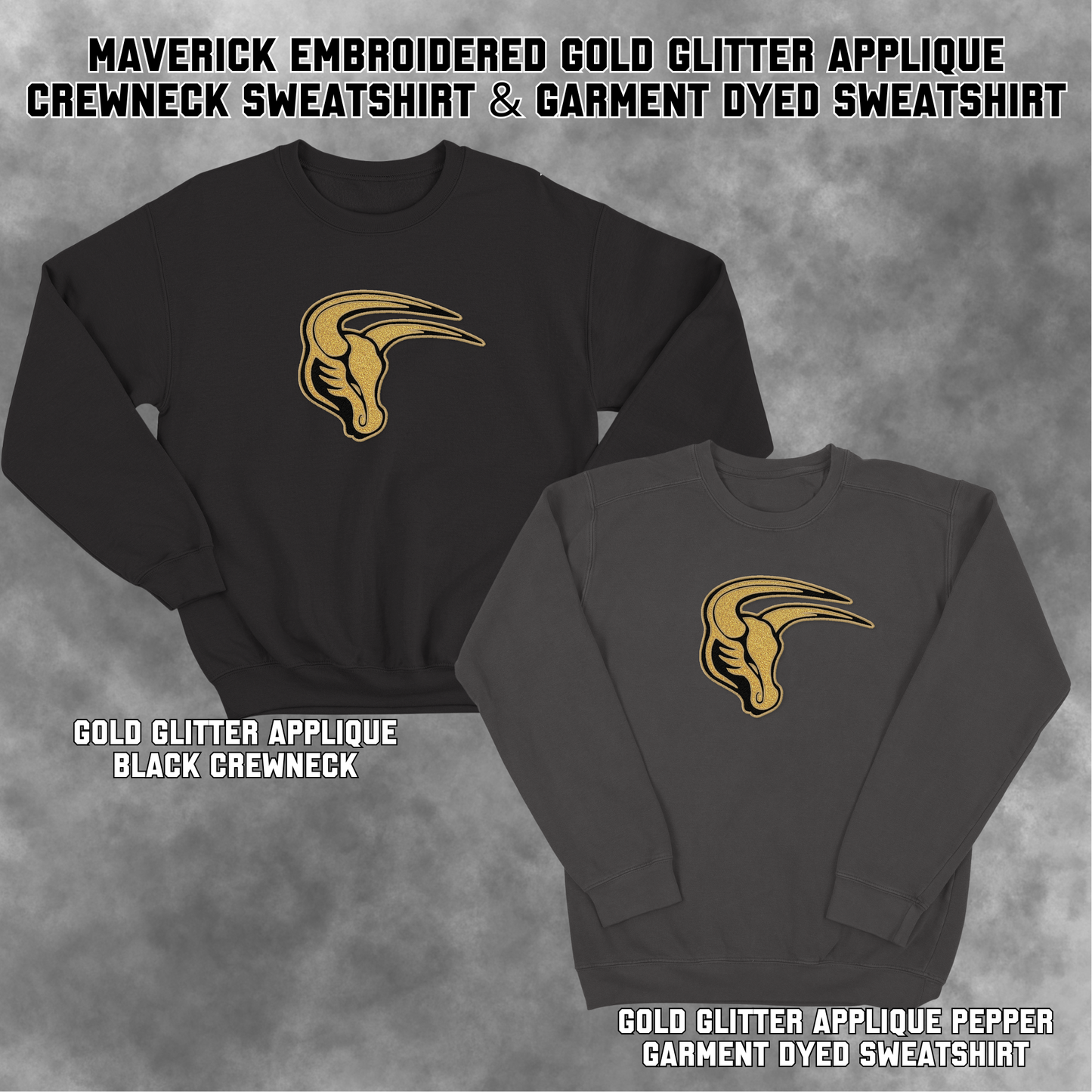 Mavs- Maverick Gold GLITTER Applique Embroidered Blend Crewneck and Garment Dyed Sweatshirt