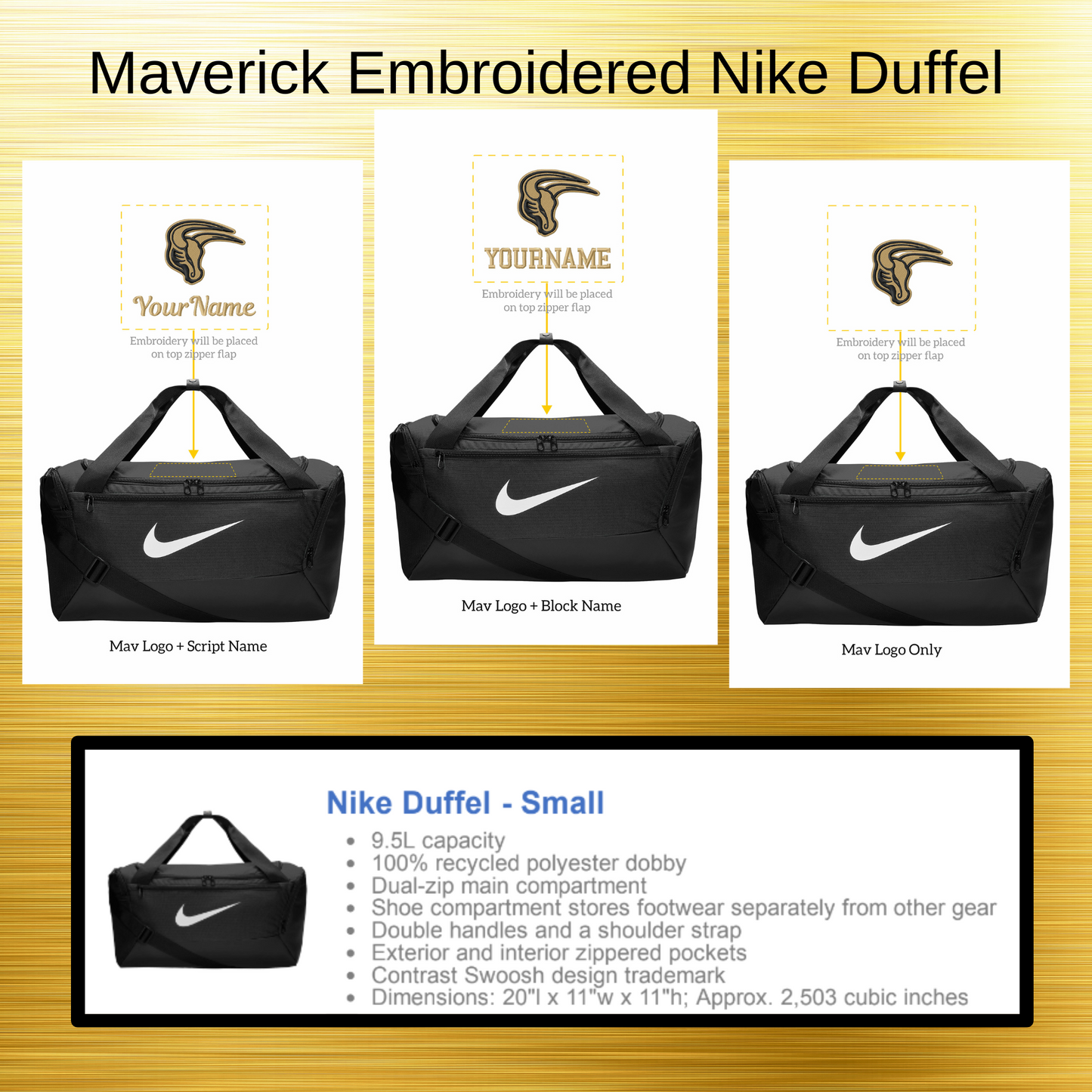 Mavs- Maverick Nike Duffel Bag with Embroidery Design, Personalize with your Name! (small)