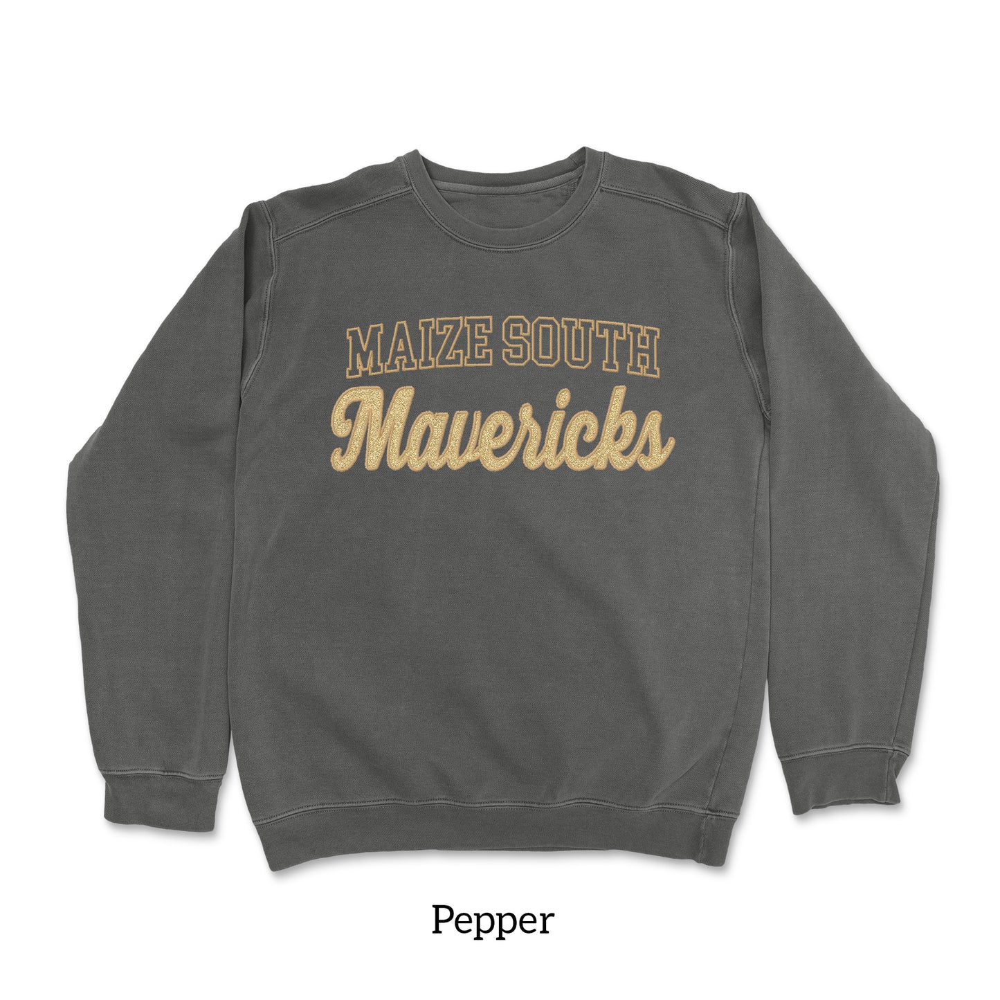 Mavs- Maize South Mavericks GLITTER Applique Embroidered Blend Crewneck and Garment Dyed Sweatshirt