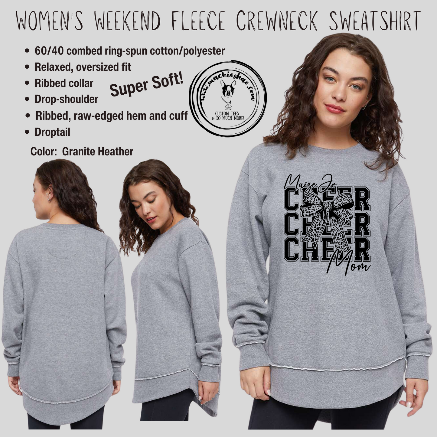 MJC- Maize Jr Cheer Mom Leopard Bow Granite Heather Women's Weekend Fleece Crewneck Sweatshirt
