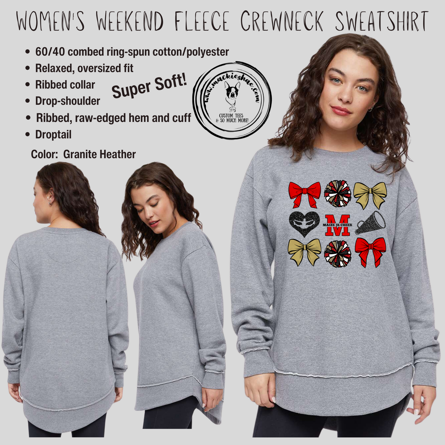MJC- Maize Jr Cheer Bows, Poms, Megaphones Granite Heather Women's Weekend Fleece Crewneck Sweatshirt
