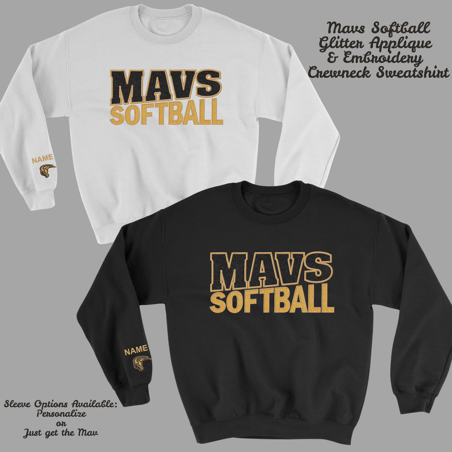 Mavs Softball GLITTER Applique Embroidered Blend Crewneck Sweatshirt