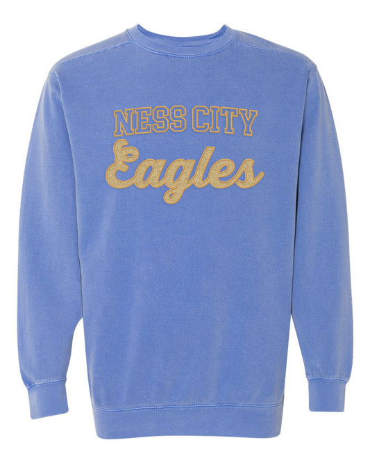 Ness City Eagles GLITTER Applique Embroidered Garment Dyed Crewneck Sweatshirt