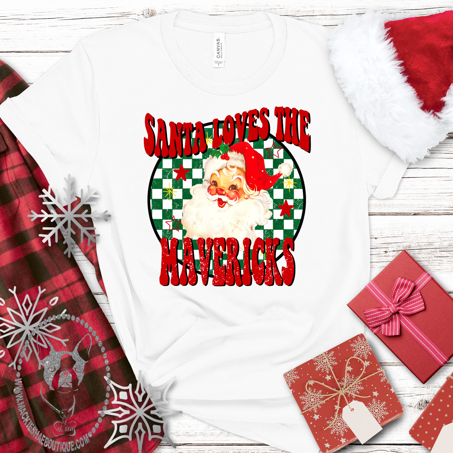 Santa Loves the Mavericks (RED) Custom Shirt for Youth and Adults,  Soft Tee & Crewneck Sweatshirt (Get any Team)