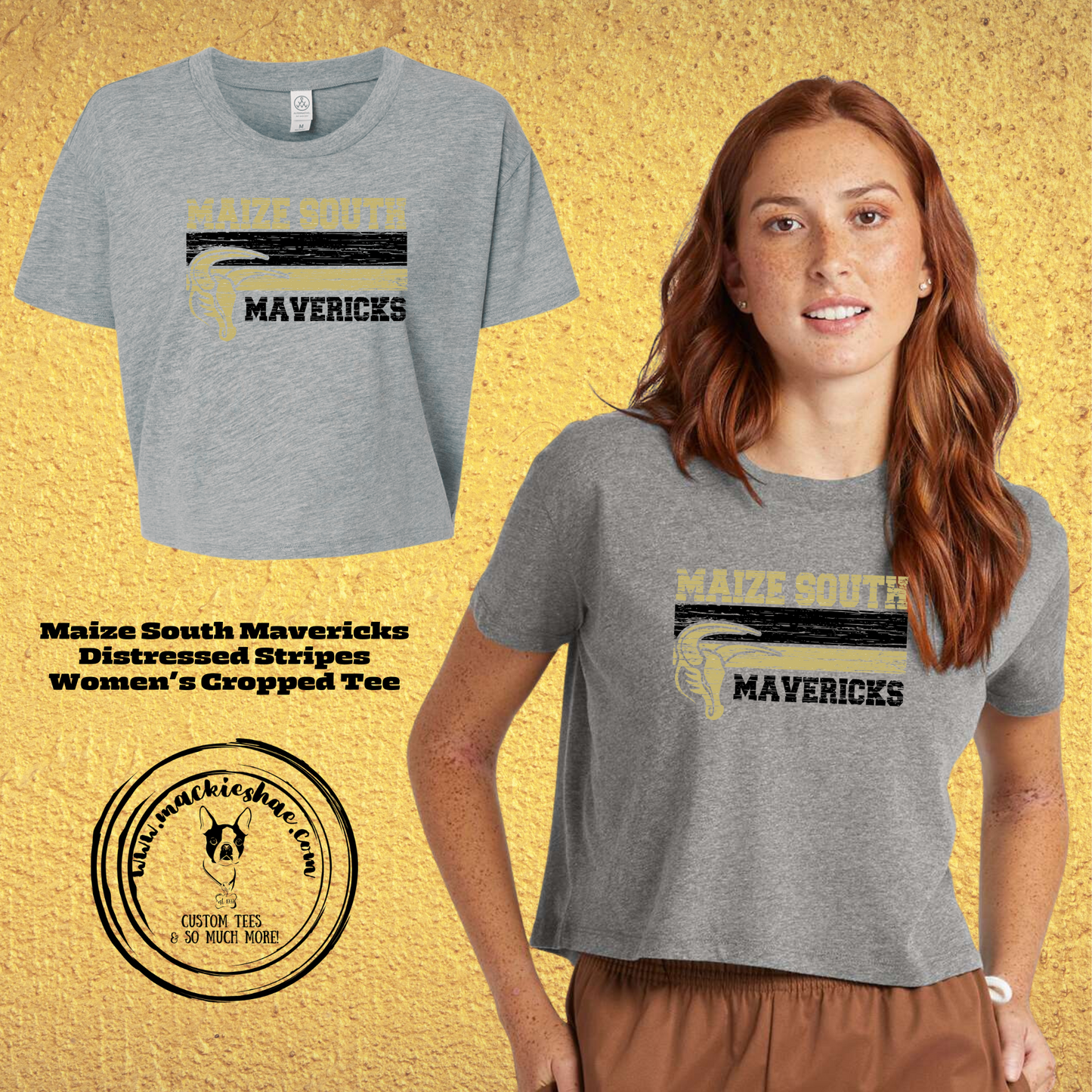 Mavs- Maize South Mavericks Distressed Stripes Soft Cropped Tee, Size Large **SALE WHILE SUPPLIES LAST** *THIS SHIRT IS DISCONTINUED, LAST ONE*