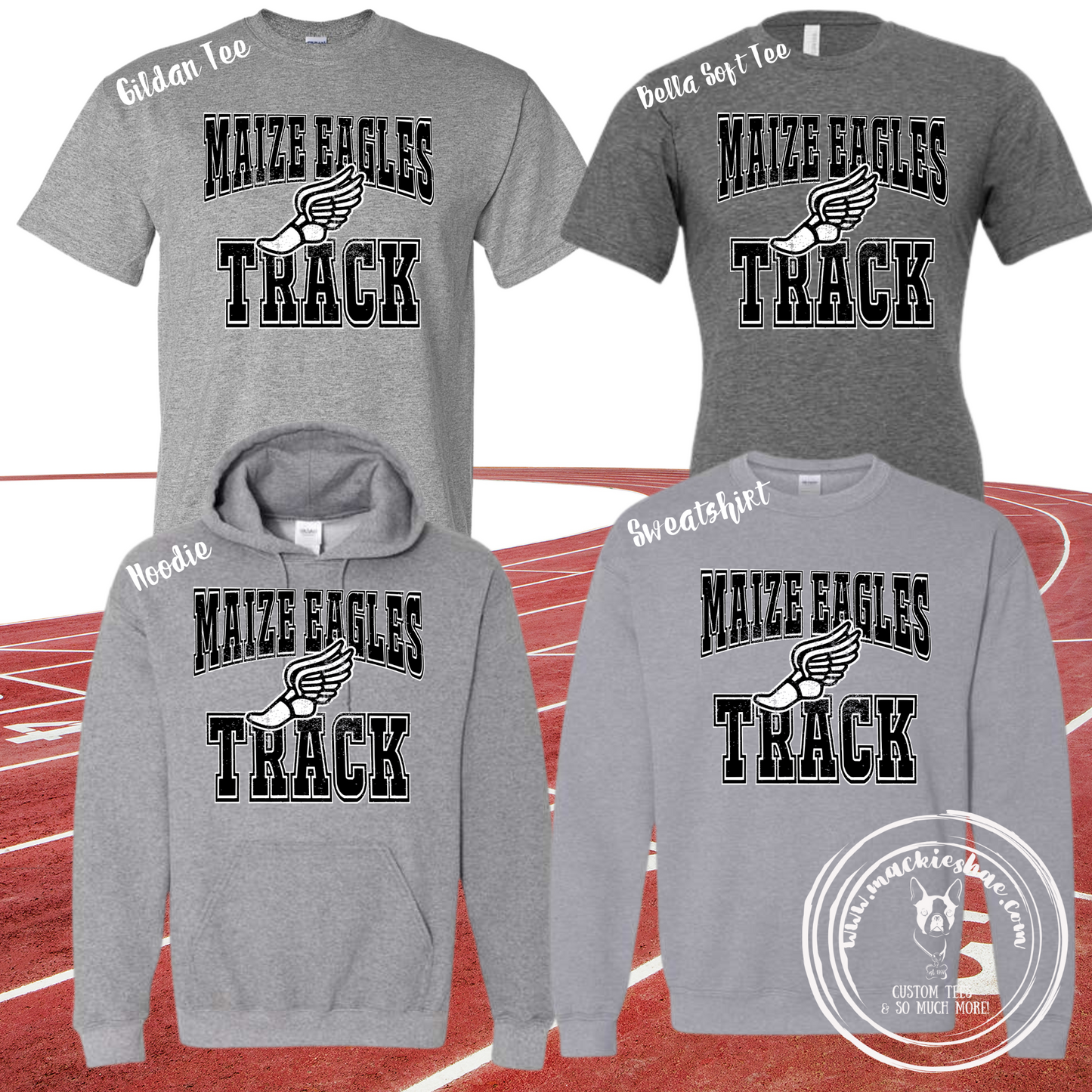 Maize Eagles Track Distressed Custom Shirt for Youth and Adults, Black and White Design on Greys