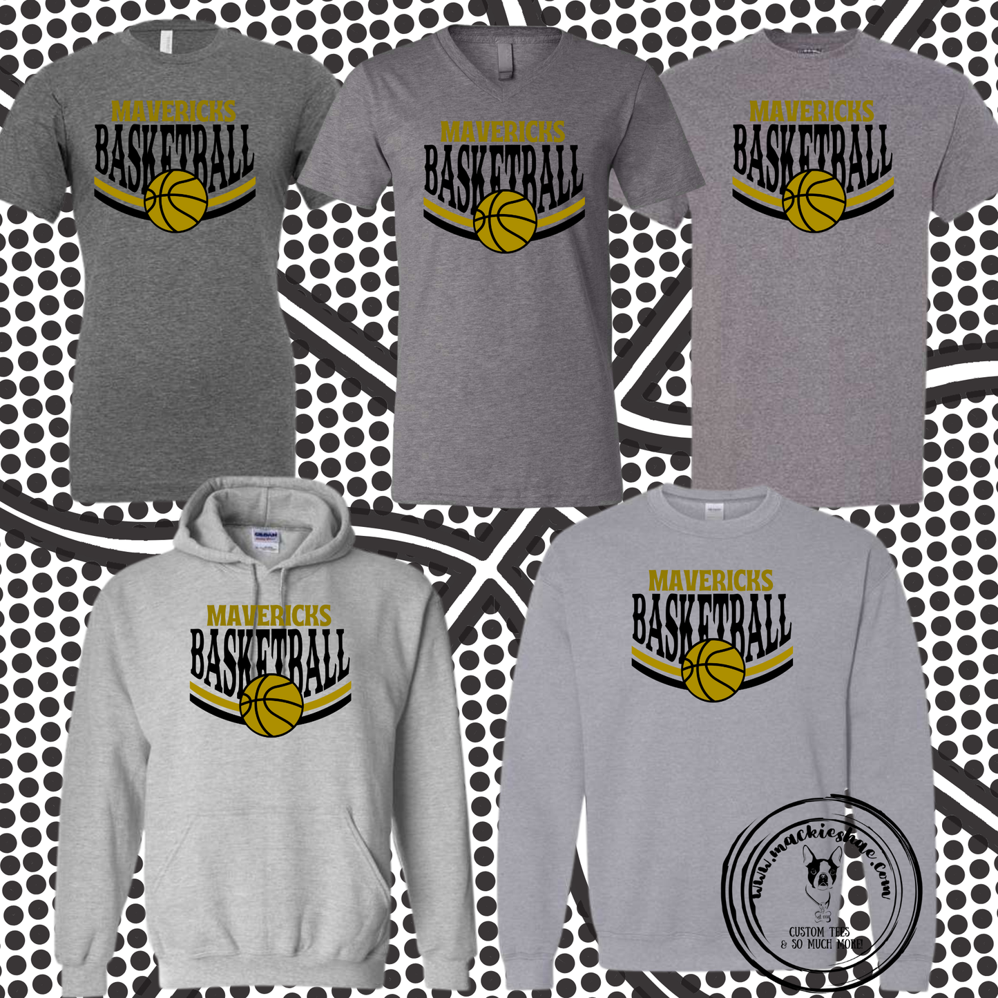 Mavericks Basketball Black & Gold Custom Shirt for Youth and Adults, Grey Gear