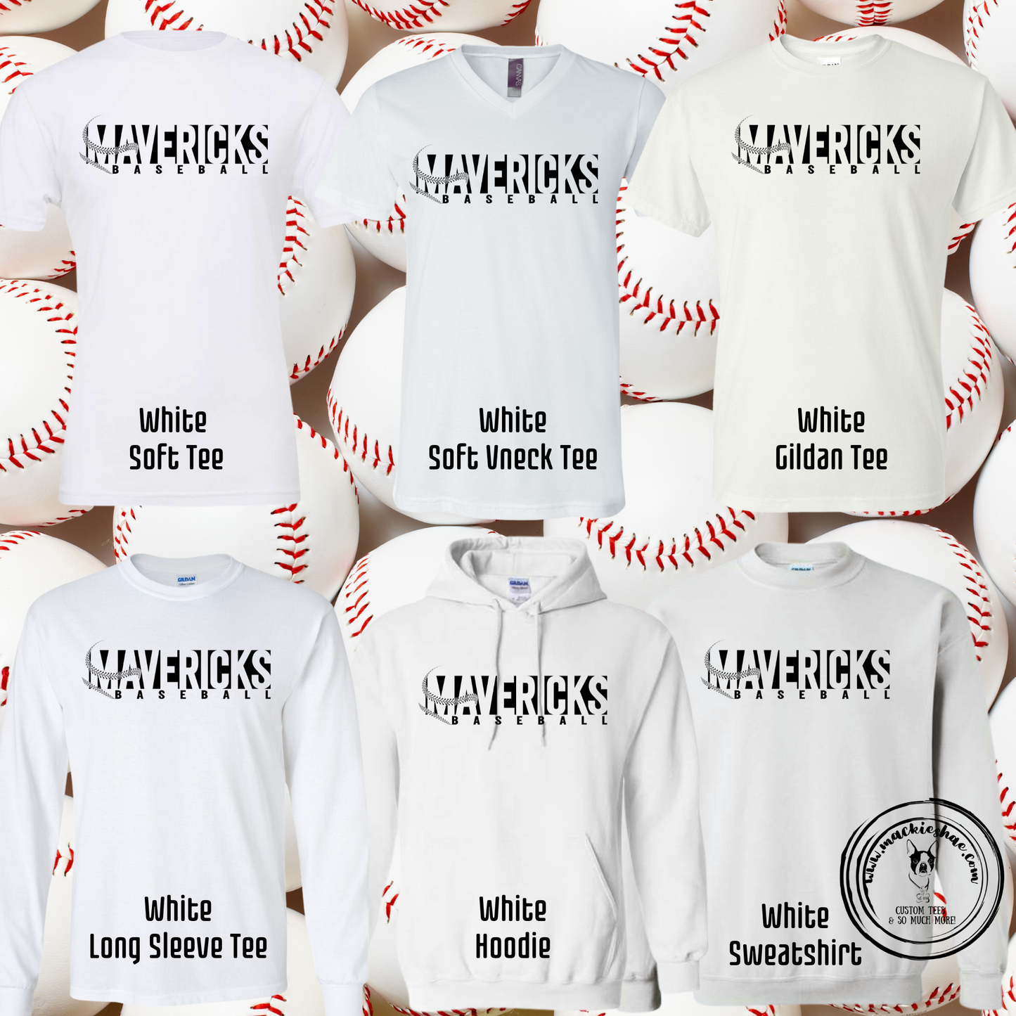 Mavericks Baseball Custom Shirt for Youth and Adults, White Gear