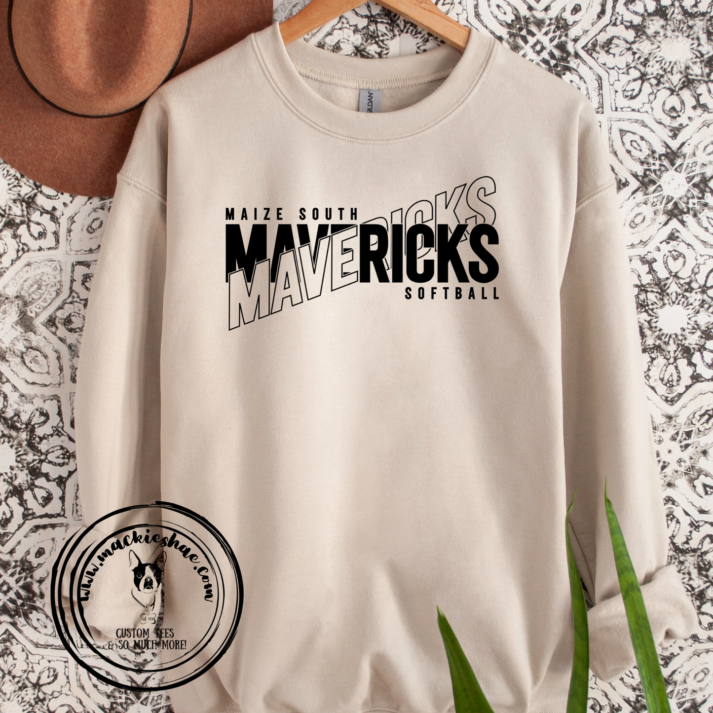 Maize South Mavericks Crossed Custom Shirt, Sand Crewneck Sweatshirt (Adult Sizes only)