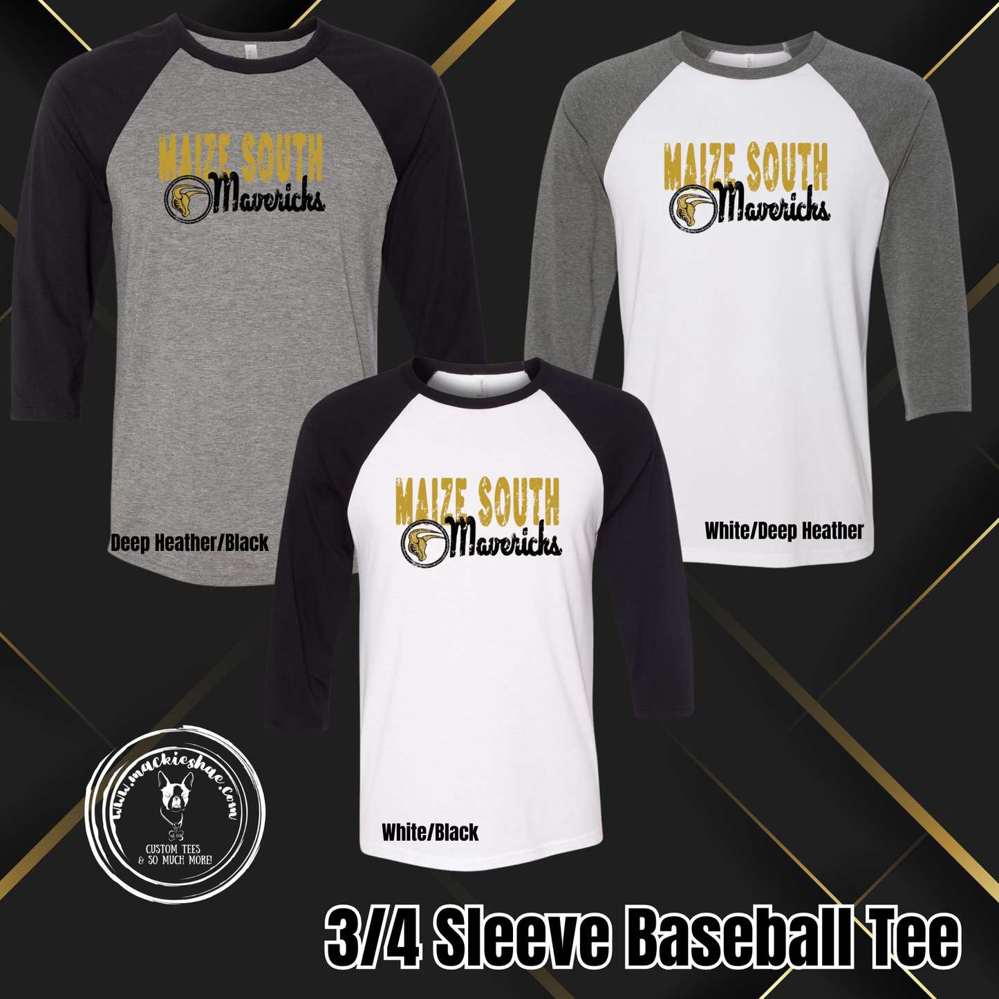 Mavs- Maize South Mavericks Circle Logo Distressed 3/4 Sleeve Baseball Tee
