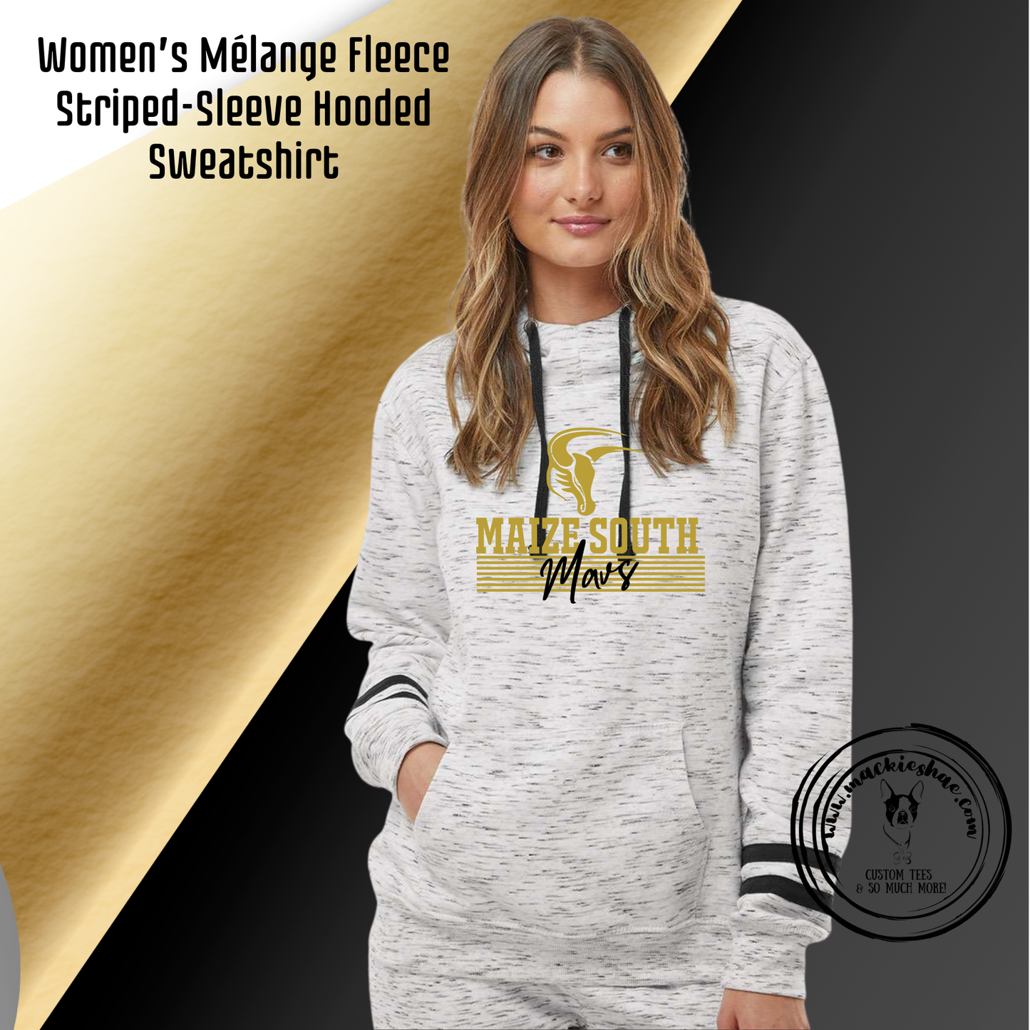 Mavs- Maize South Mavs Stripes with Logo Women’s Mélange Fleece Striped-Sleeve Hooded Sweatshirt