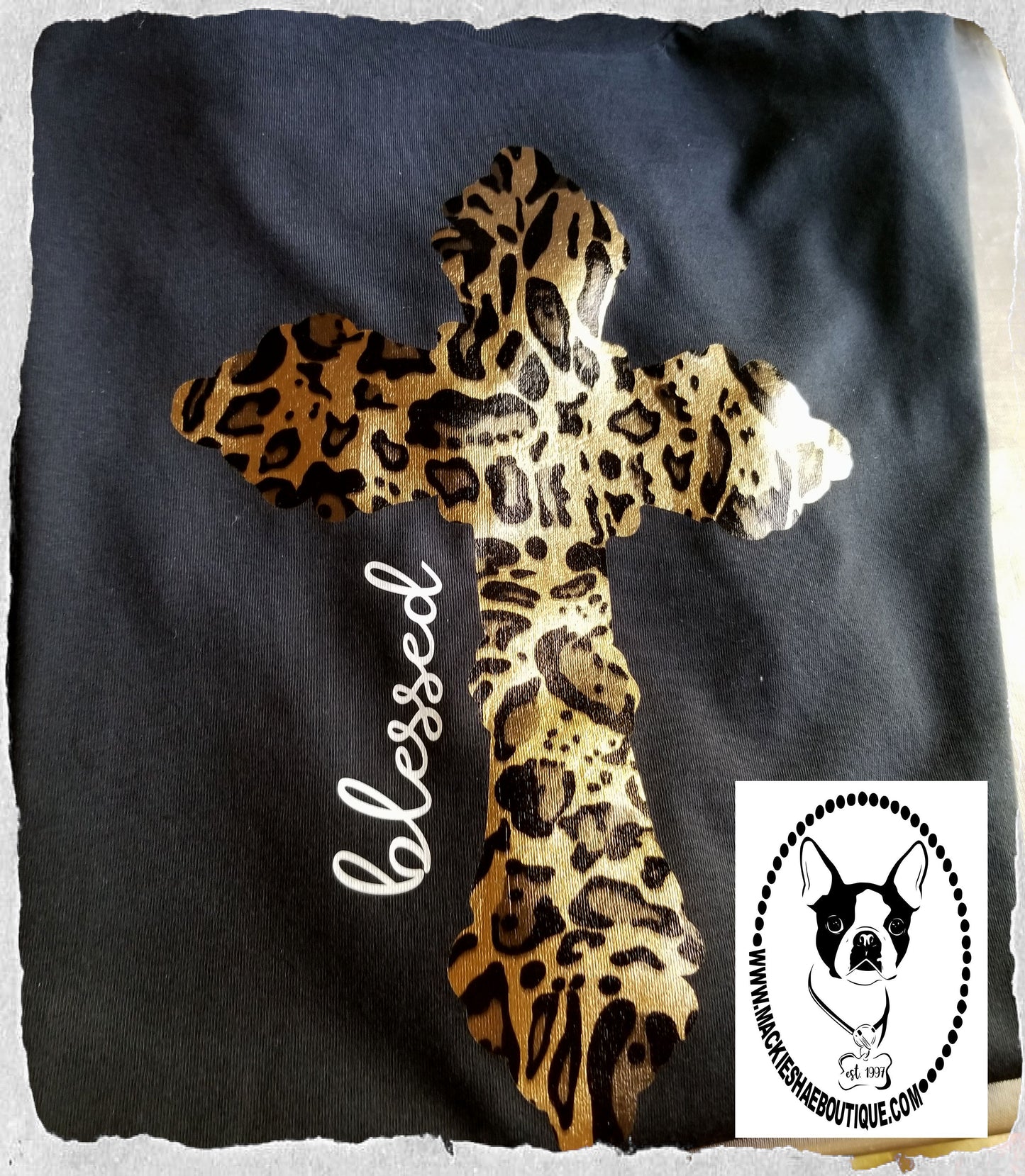 Blessed with Metallic Leopard Cross Custom Shirt, Short-Sleeve