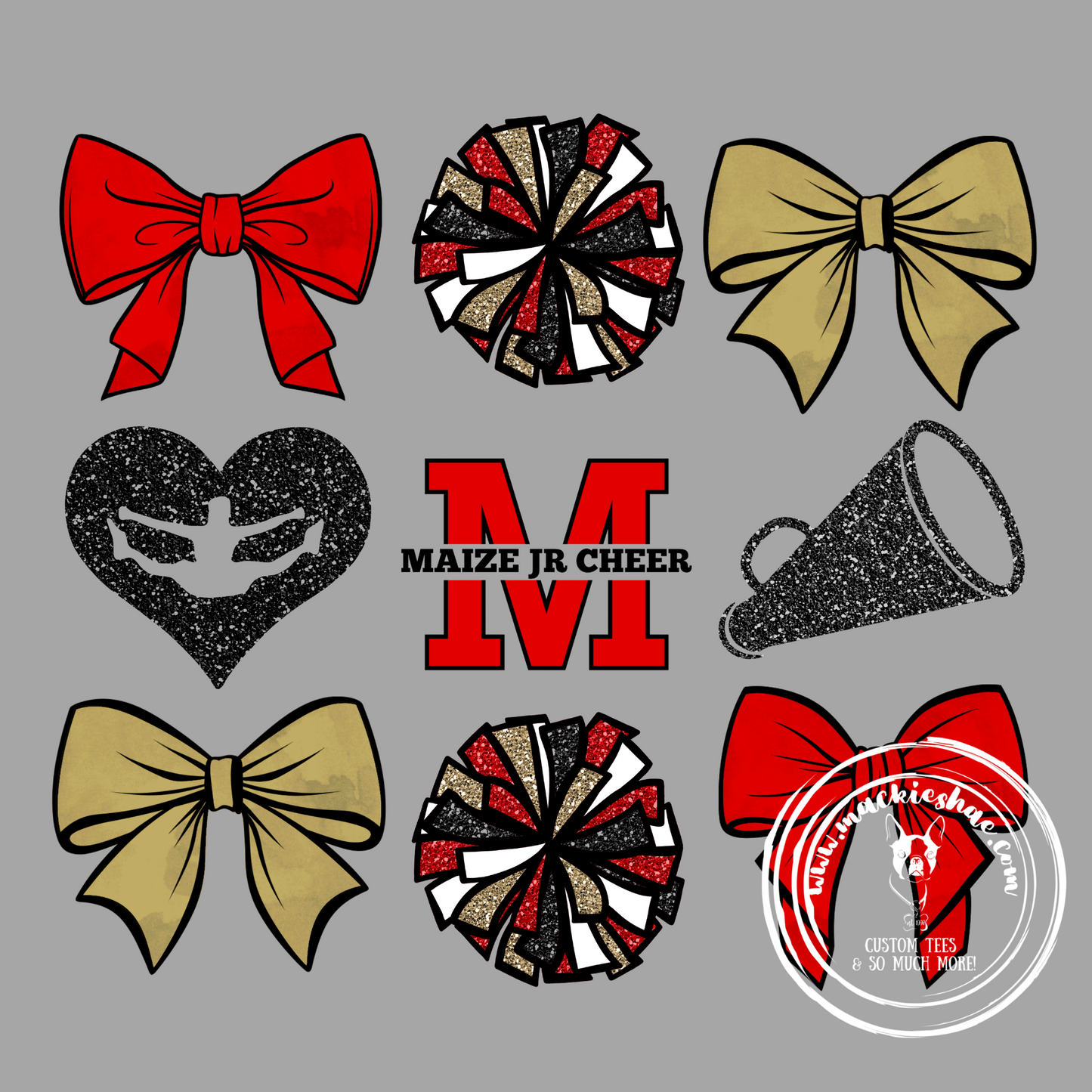 MJC-  Maize Jr Cheer Bows, Poms, Megaphones Grey Gear
