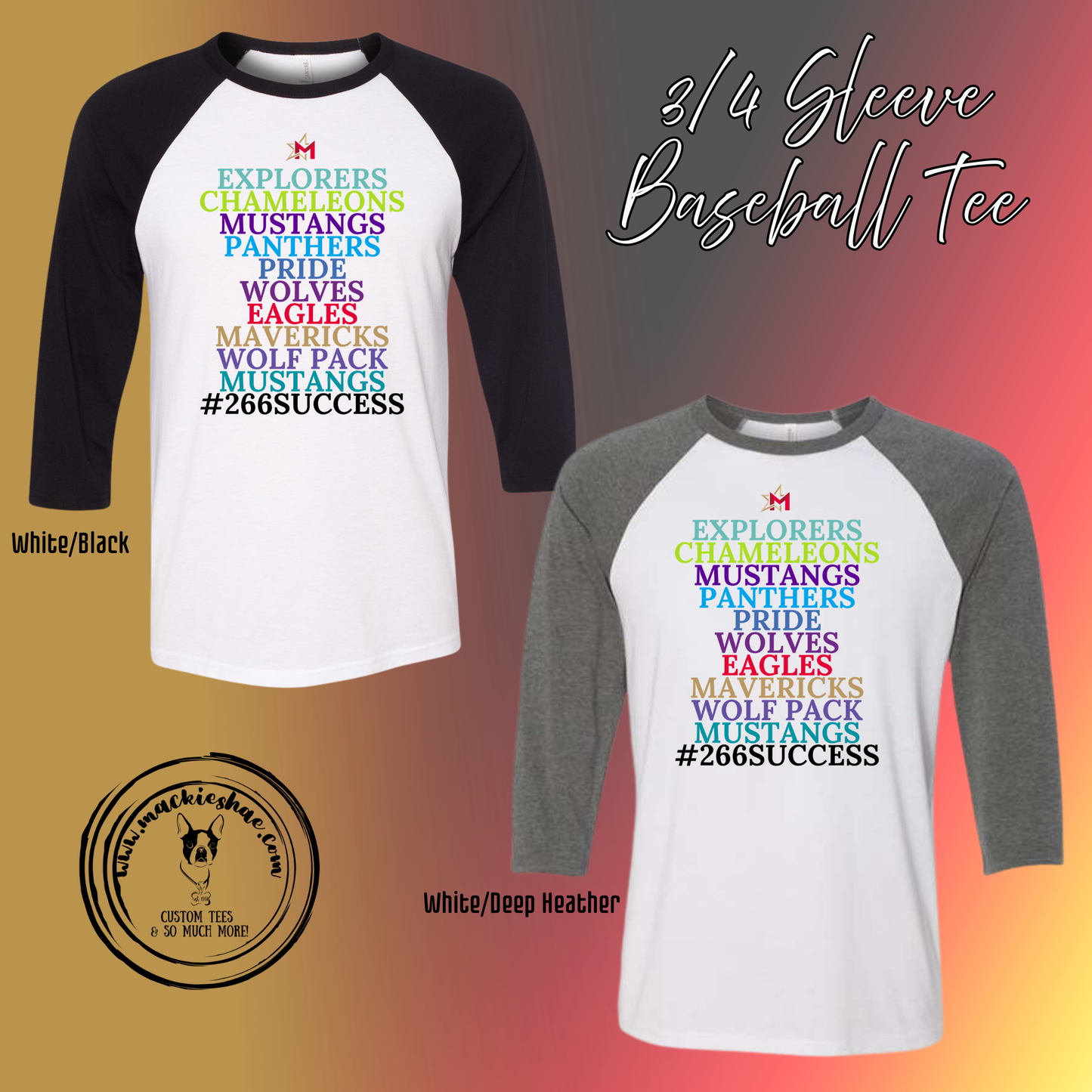 266- Maize Mascots Unisex 3/4 Sleeve Baseball Tee