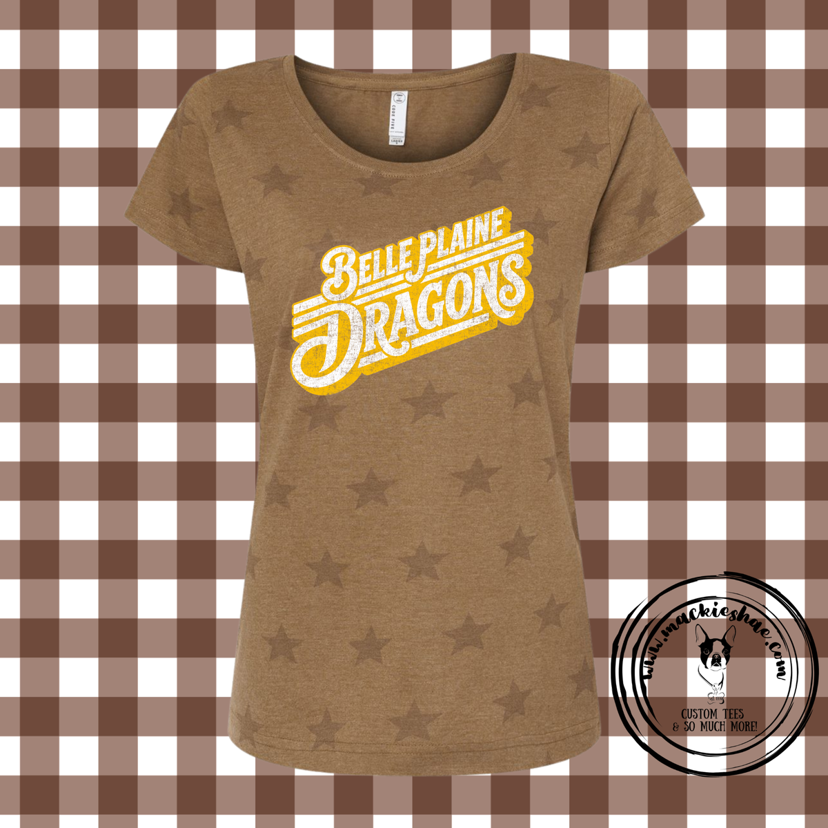 BP- Belle Plaine Dragons Distressed Retro Lines Women's Star Print Scoop Neck Tee