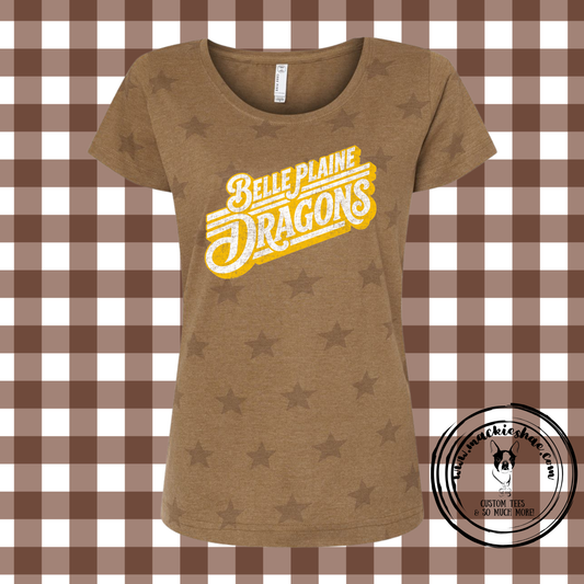 BP- Belle Plaine Dragons Distressed Retro Lines Women's Star Print Scoop Neck Tee