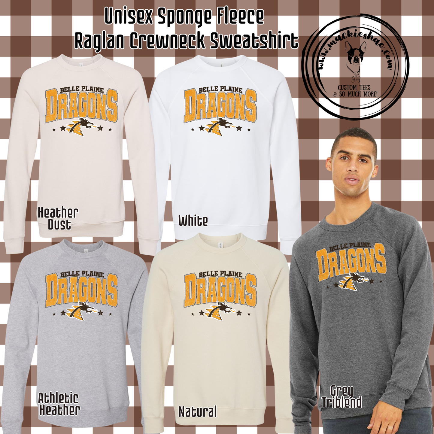 BP- Belle Plaine Dragons with Logo Stars Unisex Sponge Fleece Raglan Crewneck Sweatshirt