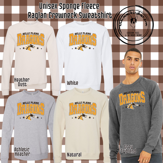 BP- Belle Plaine Dragons with Logo Stars Unisex Sponge Fleece Raglan Crewneck Sweatshirt