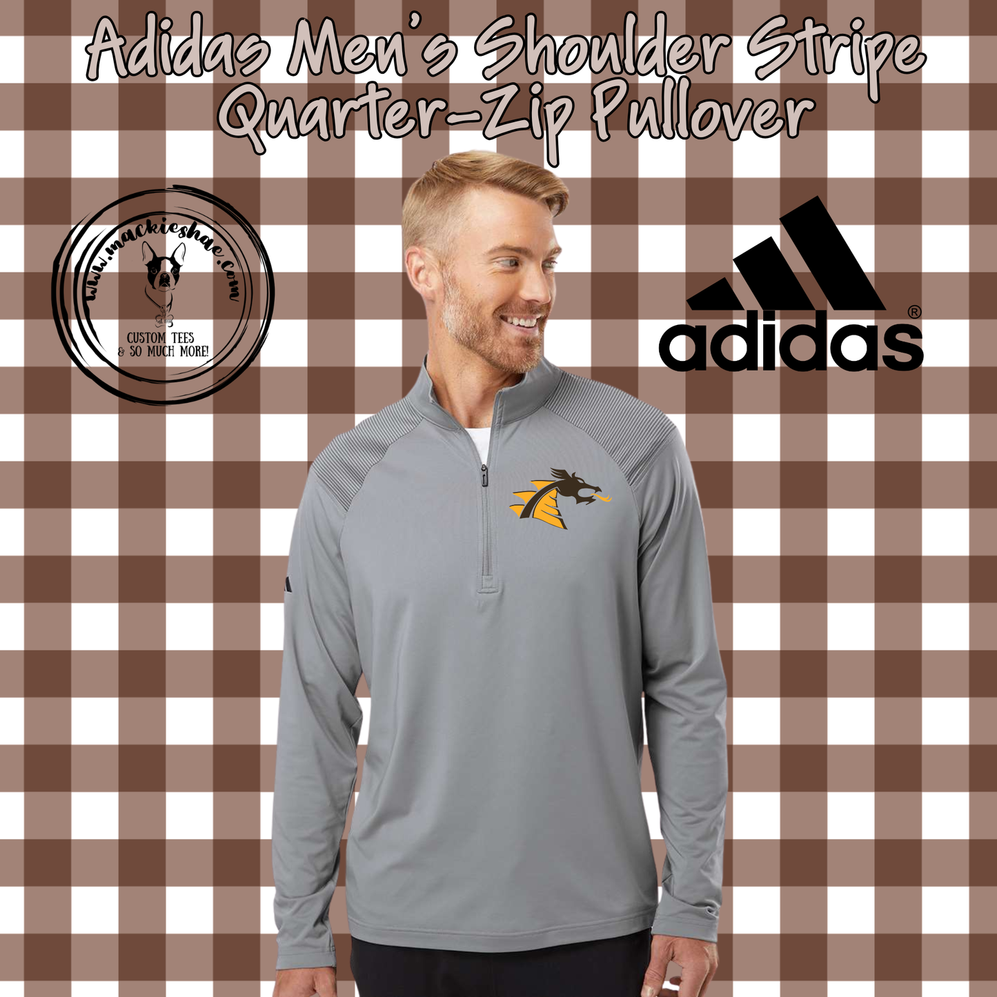 BP- Belle Plaine Dragon Logo Adidas Men's Grey Shoulder Stripe 1/4 Zip Pullover
