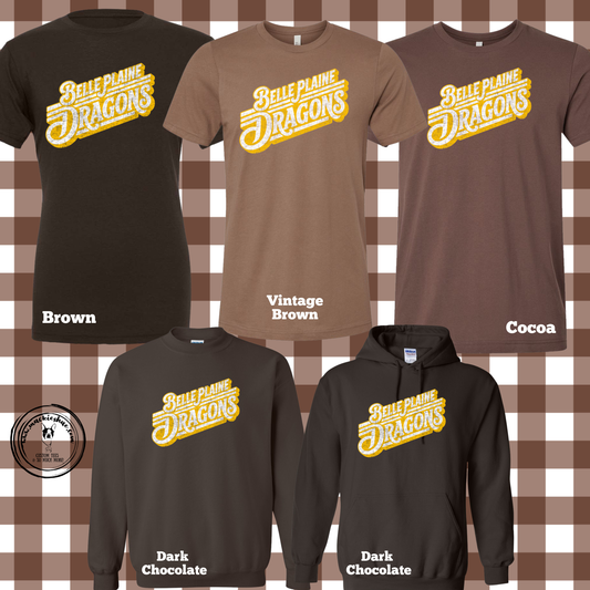 BP- Belle Plaine Dragons Distressed Retro Lines Brown Gear
