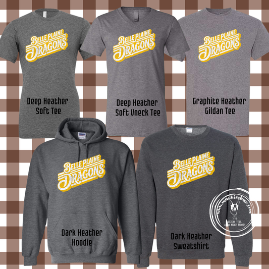 BP- Belle Plaine Dragons Distressed Retro Lines Grey Gear