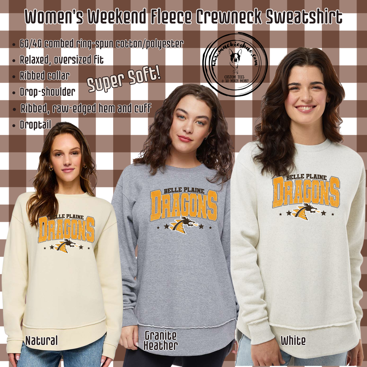 BP- Belle Plaine Dragons with Logo Stars Women's Weekend Fleece Crewneck Sweatshirt