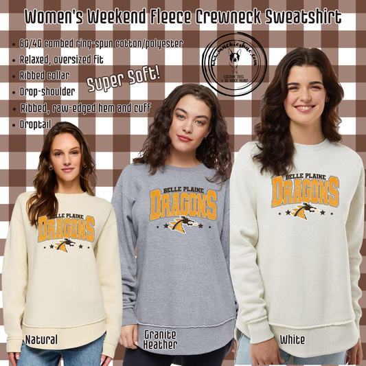 BP- Belle Plaine Dragons with Logo Stars Women's Weekend Fleece Crewneck Sweatshirt