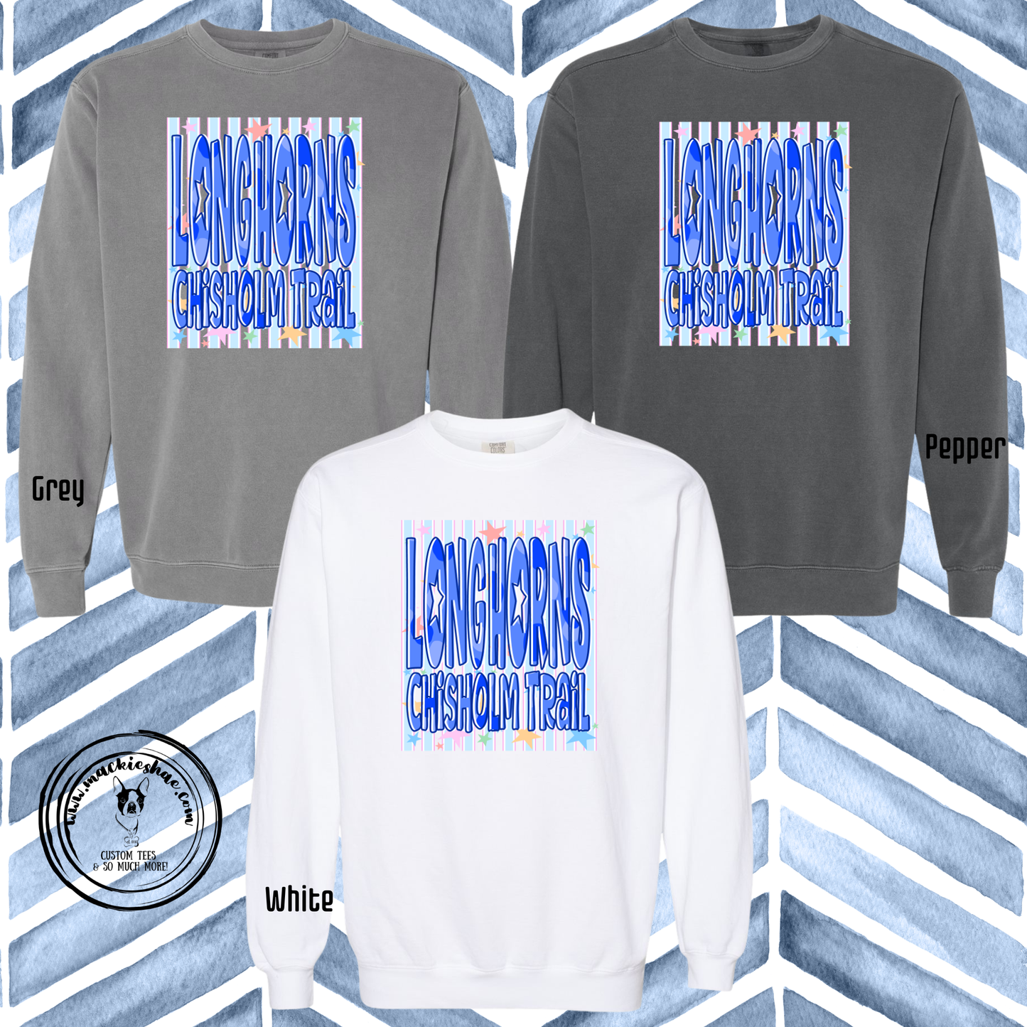 Chisholm Trail- Longhorns Striped Stars Doodle Garment Dyed Unisex Crewneck Sweatshirt
