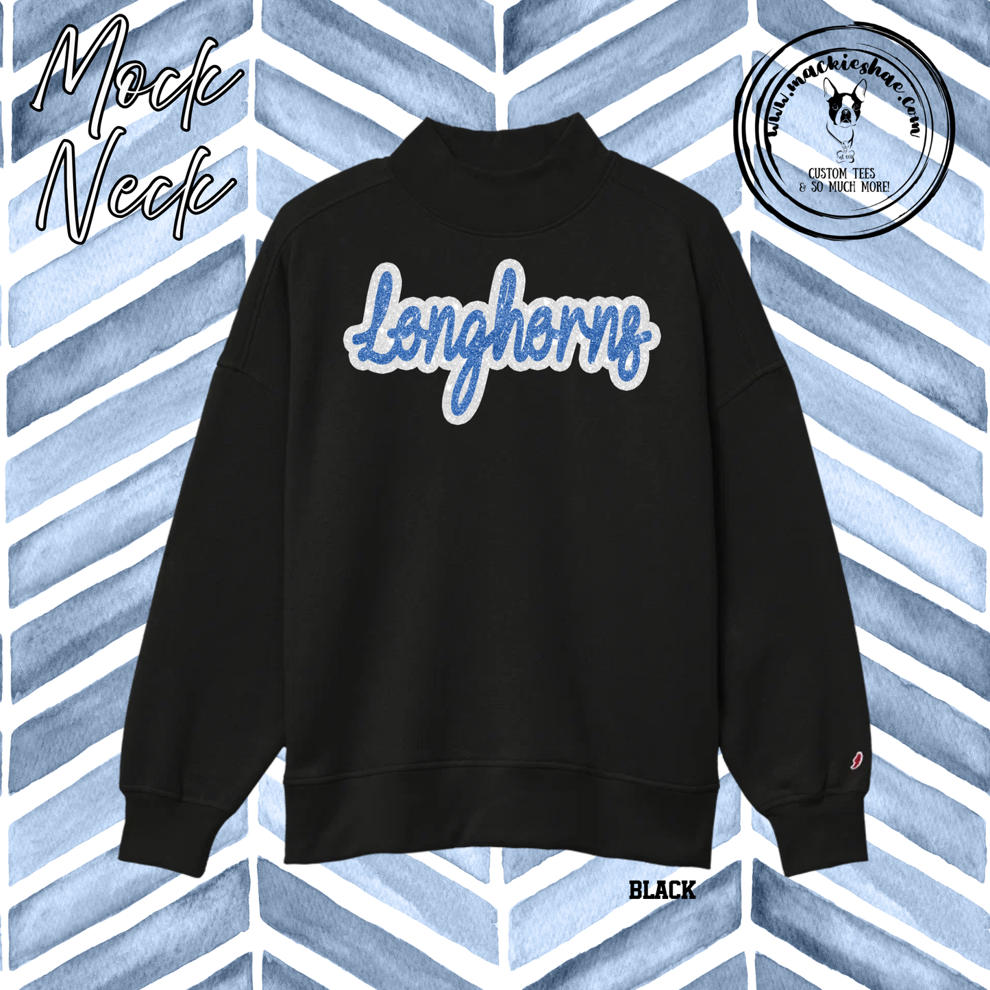 Chisholm Trail- Longhorns Faux Glitter Black Women's Mock Neck Sweatshirt