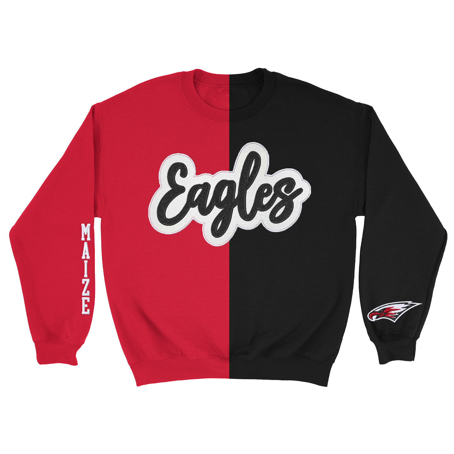 MMS- Maize Eagle Glitter Applique and Embroidered Split Two Toned Crewneck Sweatshirt, Sleeve Options