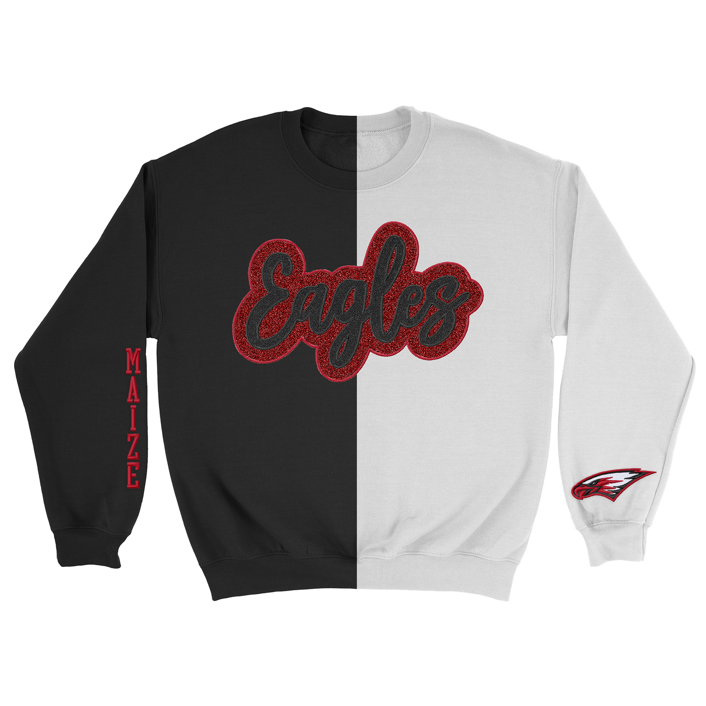 MMS- Maize Eagle Glitter Applique and Embroidered Split Two Toned Crewneck Sweatshirt, Sleeve Options