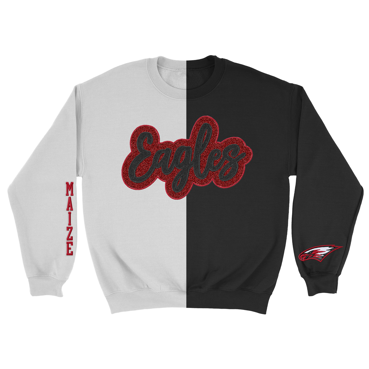 MMS- Maize Eagle Glitter Applique and Embroidered Split Two Toned Crewneck Sweatshirt, Sleeve Options