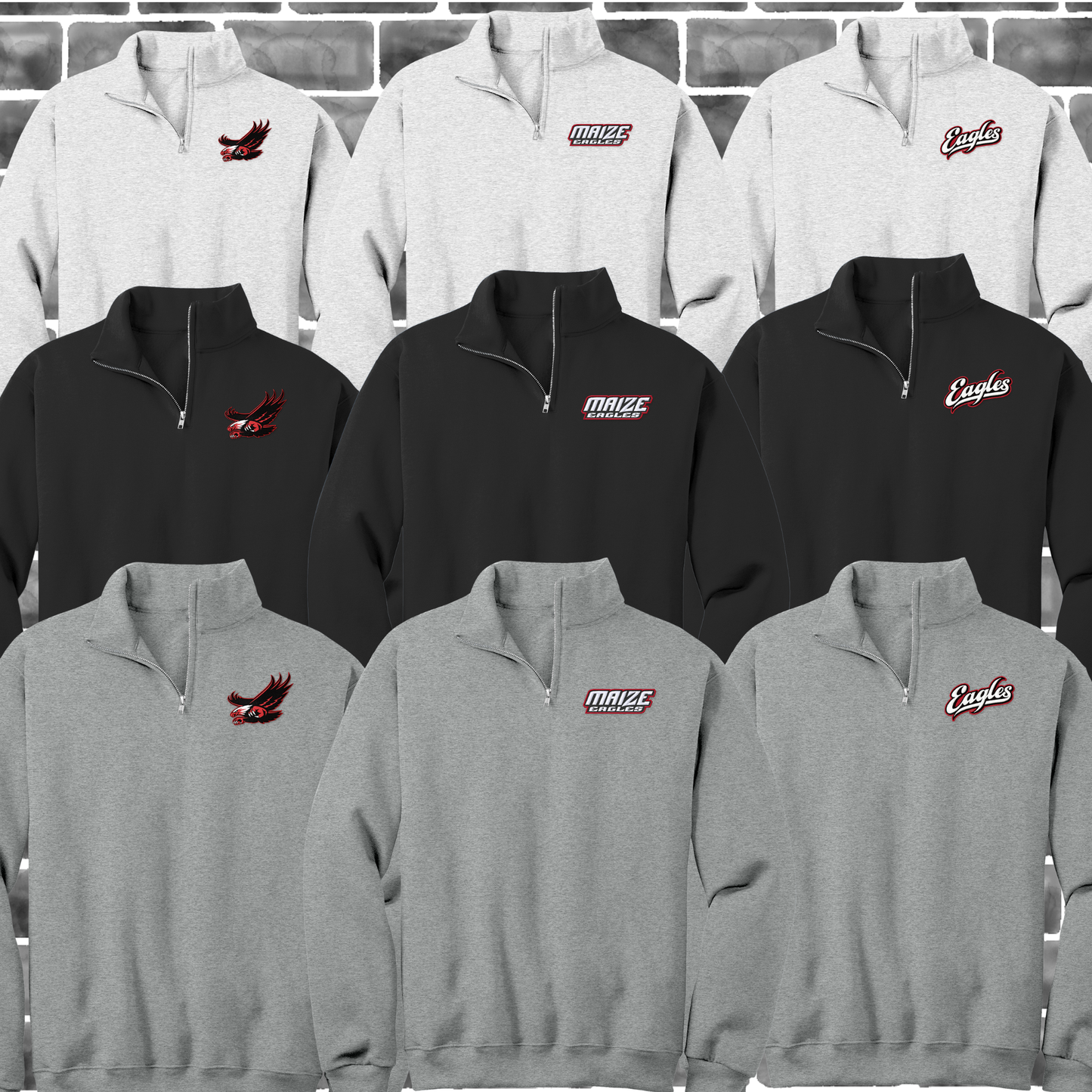 MIS- Flying Eagle, Eagles Script, Maize Eagles Logo Embroidered 1/4 Zip Sweatshirt