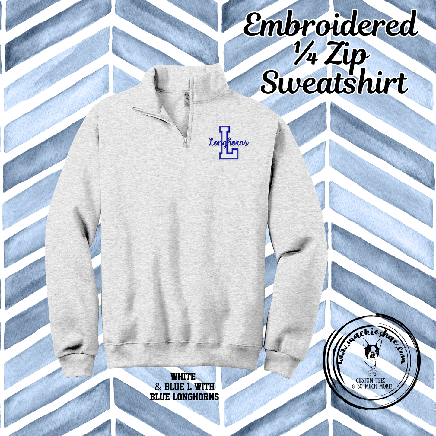 Chisholm Trail- L Longhorns Left Chest Embroidered Ash Unisex 1/4 Zip Sweatshirt with White and Blue L