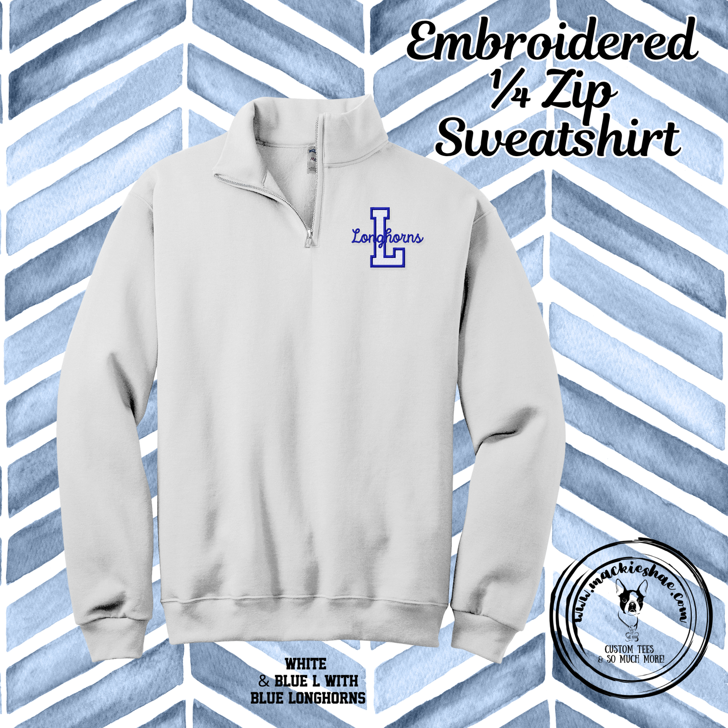 Chisholm Trail- L Longhorns Left Chest Embroidered White Unisex 1/4 Zip Sweatshirt with White and Blue L
