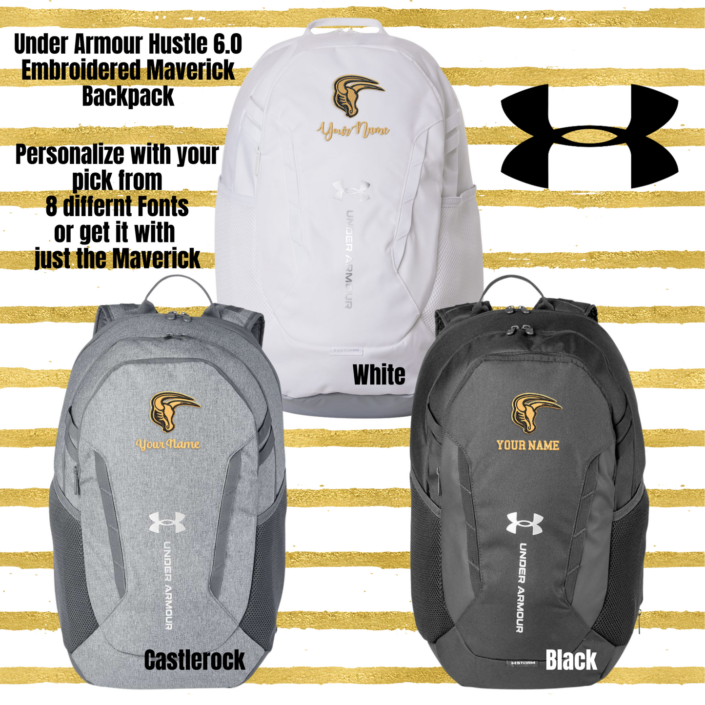 Mavs- Maverick Under Armour Hustle 6.0 Backpack with Embroidery Design, Personalize with your Name!