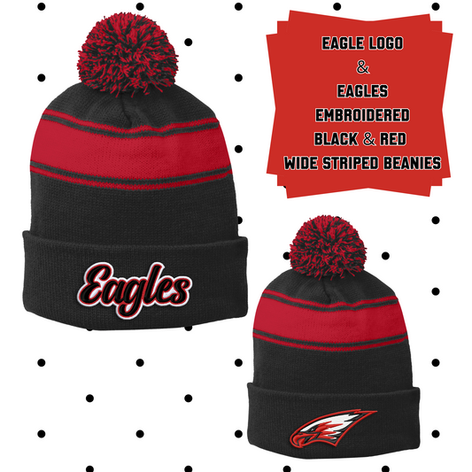 MMS- Eagles or Power Eagle Embroidered Wide Striped Pom Beanie