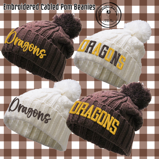 BP- Dragons Embroidery Cabled Pom Beanie