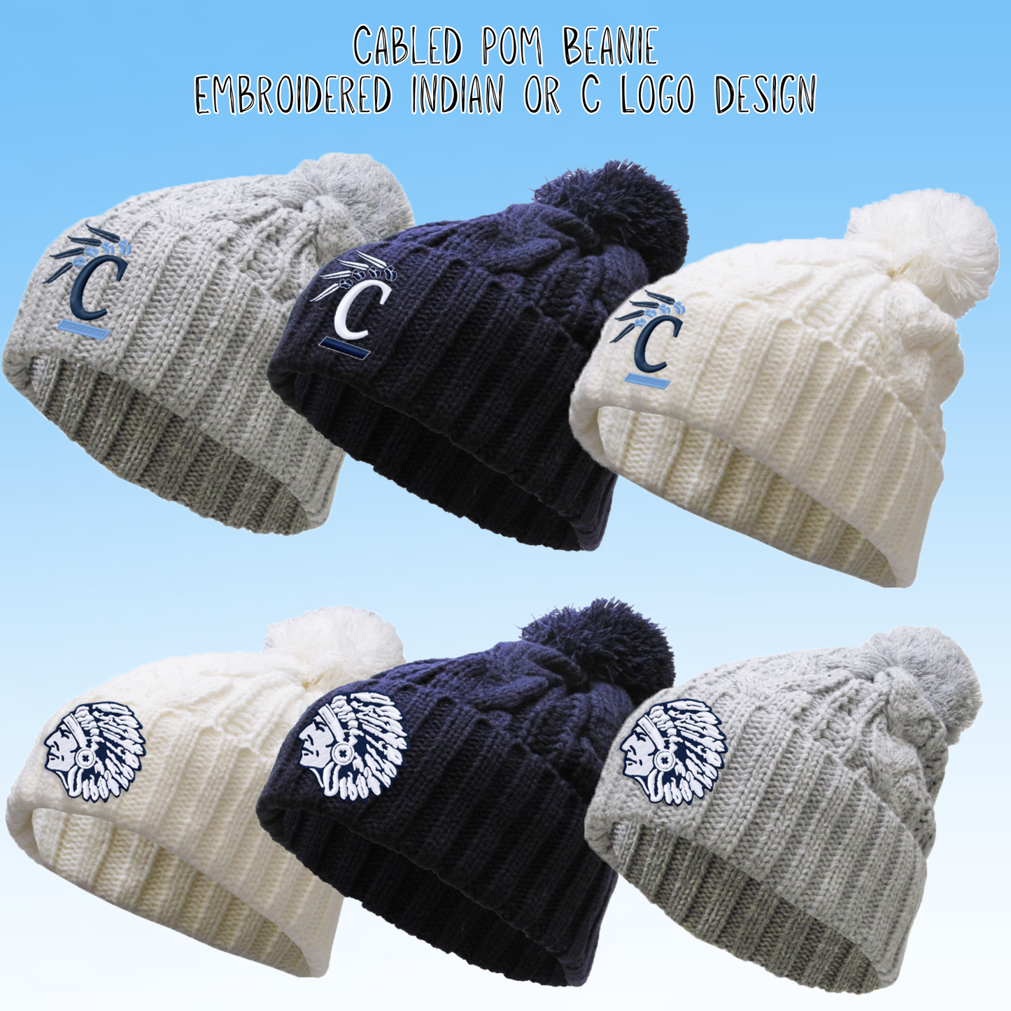 Clearwater- Indian or C Logo Embroidery Cabled Pom Beanie